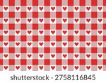 Red And White Vichy Background With Heart. Gingham Seamless Pattern. Valentines Day Print.