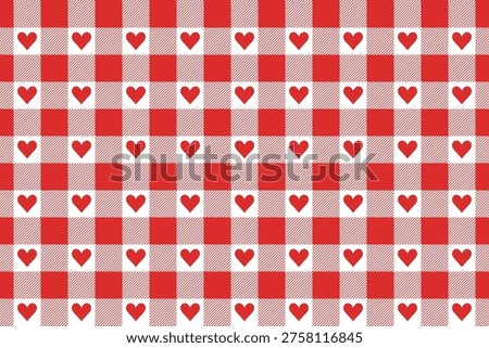 Red And White Vichy Background With Heart. Gingham Seamless Pattern. Valentines Day Print.