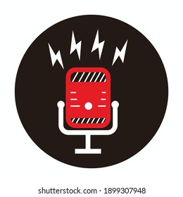 red and white vintage microphone - vintage microphone with lightning sign for broadcast or podcast - microphone with lightning sign logo or icon isolated on black circle