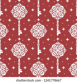 Red and white vintage vector seamless pattern with keys, wallpaper. Elegant classic texture. Luxury ornament. Traditional,Turkish, Indian motifs. Great for fabric and textile, wallpaper, packaging.