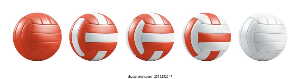 Red white volley ball mockup set. Vector volleyball 3d render. Sport skill trophy icon isolated. Realistic texture round game pictogram. Beach handball, water polo school logo. Striped gym club symbol