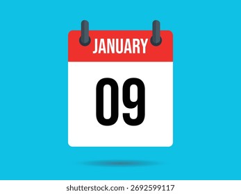 Calendario de pared rojo y blanco con la fecha 09 de enero, mostrando un diseño plano minimalista sobre un fondo azul claro vibrante.