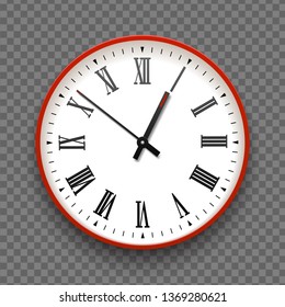 Red and white wall office clock icon with roman numbers. Design template vector closeup. Mock-up for branding and advertise isolated on transparent background. Realistic round clock-face dial