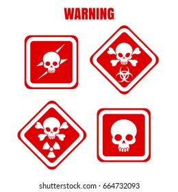 Red and white warning or danger icons with skulls. Vector illustration