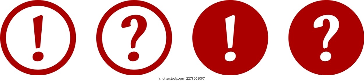 Red and White Warning and Info Flat Round Icon Set with Exclamation Mark and Question Mark Symbol. Vector Image.	
