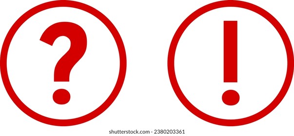 Icono plano de advertencia rojo y blanco e información con signo de exclamación y signo de interrogación. Imagen vectorial.