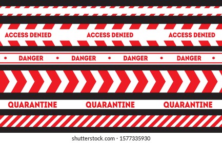 Red and white warning line. Caution and danger tapes. Quarantine. Access denied