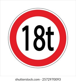 Red and white warning road sign indicating a weight limit of eighteen tons.