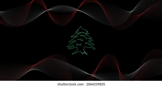 red and white waving lines on black background with green cedar tree. Lebanon Independence day. Good template for Lebanon National Day design.