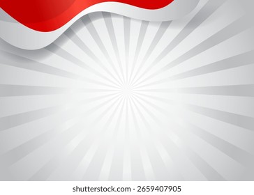 Anuncio ondulado rojo y blanco sobre un fondo radial gris, que simboliza el nacionalismo y el orgullo indonesios.