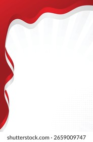 Red and White Wavy Ribbon Background with Sunburst Light Rays and Halftone Effect