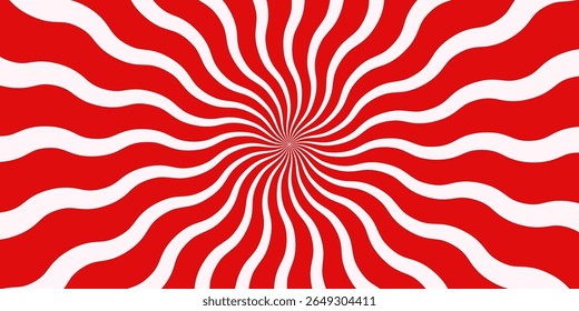 Red and white wavy sunburst background. Abstract hypnotic radial pattern with curved stripes. Optical illusion design, perfect for retro, psychedelic, or pop art themes. Christmas candy vector poster