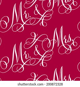 Red and white wedding seamless pattern with hand-written traditional words "Mr. and Mrs."