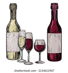 Red and white whine bottles and glasses, color vector illustration