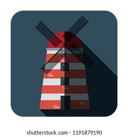 Red and white windmill on a blue background, Mill icon, Vector illustration