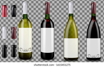 Red and white wine bottles. Caps or sleeves, closing the stopper.