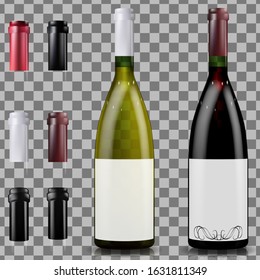 Red and white wine bottles. Caps or sleeves, closing the stopper