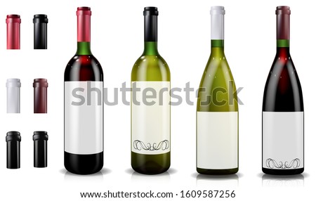Red and white wine bottles. Caps or sleeves, closing the stopper.