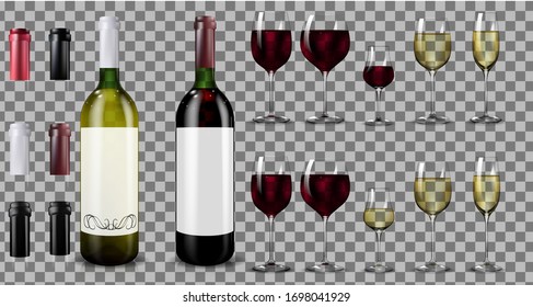 Red and white wine bottles and glasses. Realistic mockup