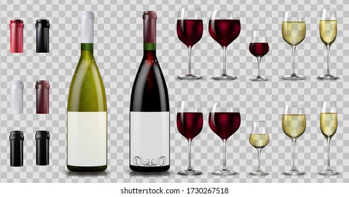 Red and white wine bottles and glasses. Realistic mockup