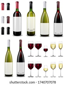 Red and white wine bottles and glasses. Realistic mockup