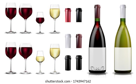 Red and white wine bottles and glasses. Realistic mockup