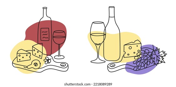 Vino rojo y blanco, botellas y gafas en forma de doodle. Tentempiés tradicionales de vino en una tabla de picar. Ilustración vectorial lineal a mano con vino, queso y fruta.