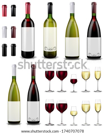 Red and white wine bottles and glasses. Realistic mockup