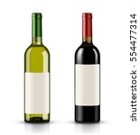 Red and white wine bottles on white background