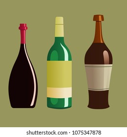 Red and white wine bottles on white background