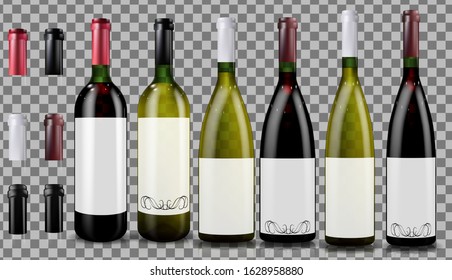 Red and white wine bottles. Realistic mockup.