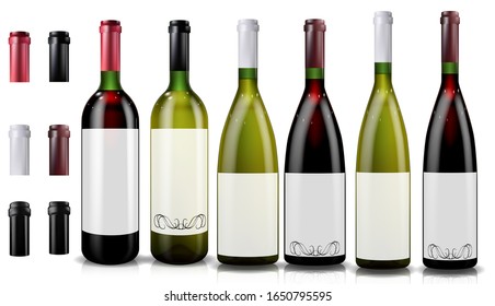 Red and white wine bottles. Realistic mockup.