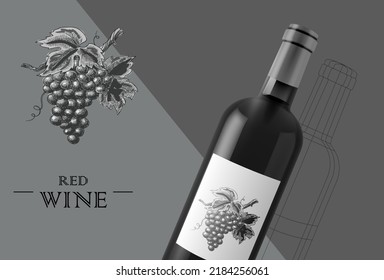 Botellas de vino tinto y blanco. Burla realista. Ilustración vectorial. Fondo azul