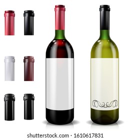 Red and white wine bottles. Set of caps or sleeves, closing the stopper.