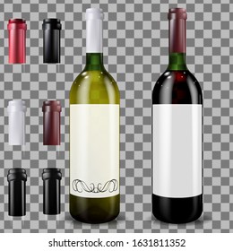 Red and white wine bottles. Set of caps or sleeves, closing the stopper.