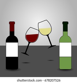 Red and White Wine Bottles and Two Glasses Clinking Vector - Cheers!