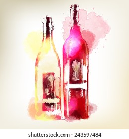 Red and white wine in bottles. Watercolor splashes.