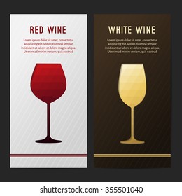 Red and white wine brochures. Two vector glasses on triangle background
