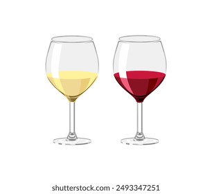 Red and white wine in drinking glasses isolated on white background. Vector cartoon flat illustration.