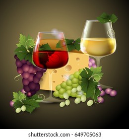 Red and white wine with grapes and Cheese. Wineglass of Red wine and white wine. Ripe grape. Vector illustration