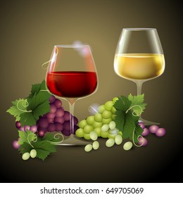 Red and white wine with grapes.  Ripe grape. Vector illustration