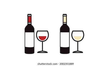 Red and White Wine Icon Set. Vector isolated simple illustration of white and red wine, with bottles and glasses