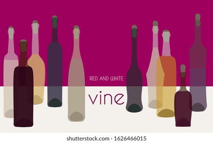 Red and white wine in multi-colored glass bottles on a burgundy background. Isolated objects in groups with transparency. Vector illustration, banner design. EPS 10