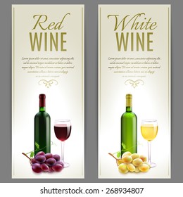 Red and white wine paper banner vertical set with glass bottles and grapes isolated vector illustration