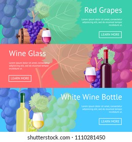 Red and white wine promo Internet pages. Wooden barrel and bottles of exquisite vino. Luxurious alcohol drink website templates vector illustrations