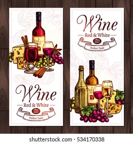 Red And White Wine Sketch Set. Design Of Vertical Banners With Wine, Bottles, Wineglasses, Cheese And Grapes In Hand Drawn Color Style