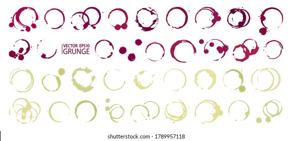 Red and white wine stains collection. Grunge stains vector set. Wine glass, bottle or jar stain. Red wine. Restaurant and cafe menu. Juice. Wine stains set. Splatter. Splash. Drinks splash.