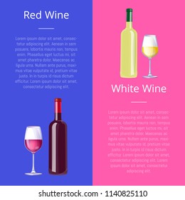 Red and white wine vertical promo posters set. Bottles of delicious exquisite vino. Full glasses with alcohol drinks vector illustrations on banners