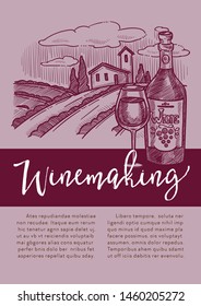 Red or white wine winery homemade product bottle and glass sketch vector plantation and country house alcohol drink of grapes vine plantation harvest juice beverage in glassware farm production