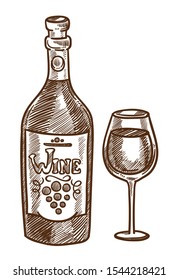 Red or white wine, winery homemade product, bottle and glass isolated sketch vector. Alcohol drink of grapes, bordeaux or cabernet. Juice beverage in glassware and container with cork farm production